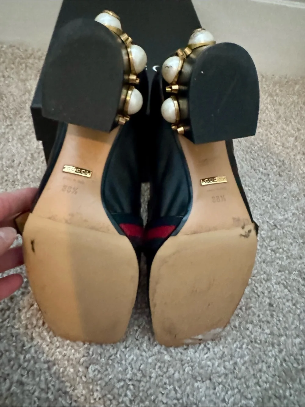 Authentic Gucci Peyton Black Leather Loafers with Red Stripe and Pearls